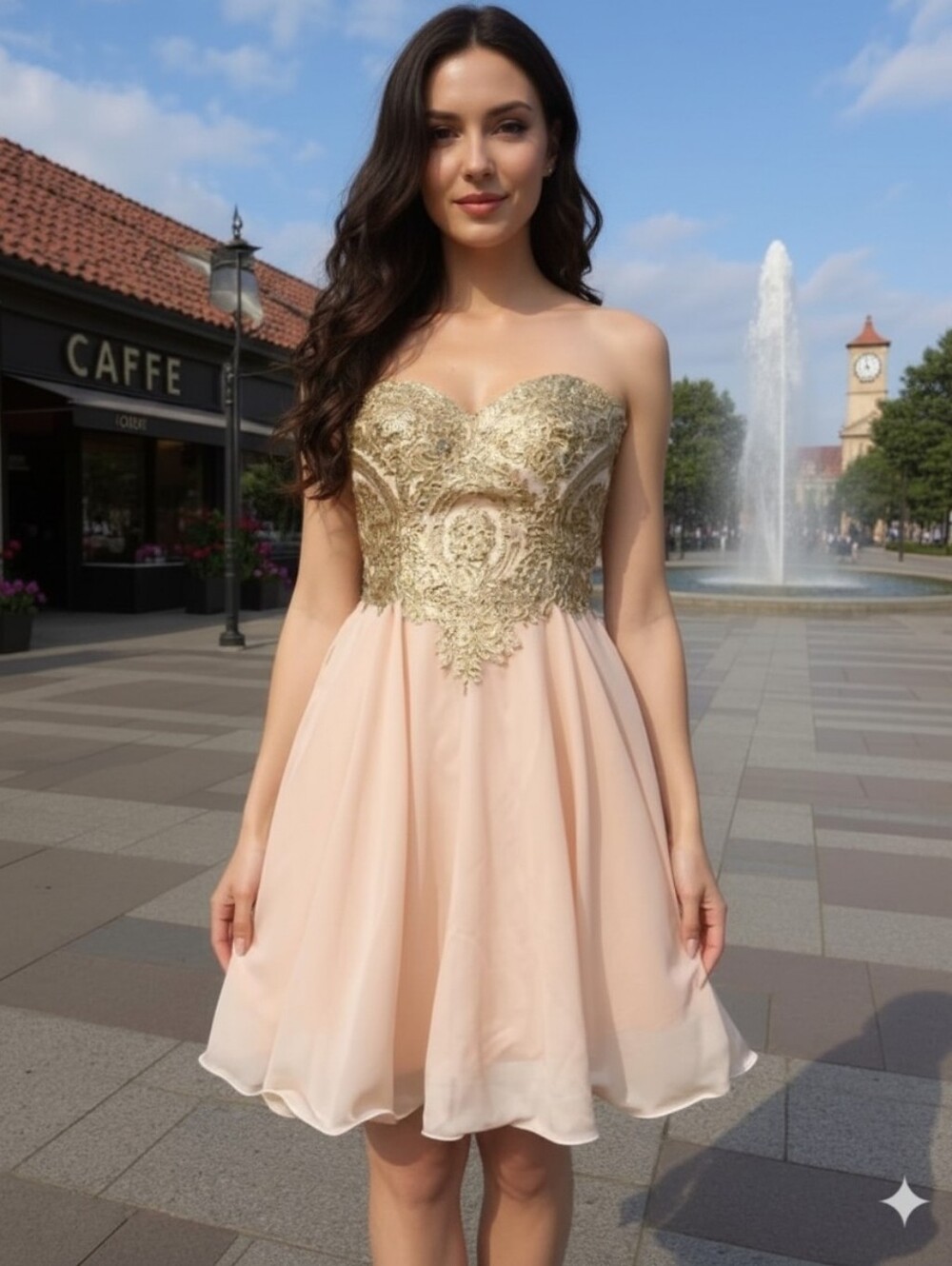 Gold-Embellished Blush Mini Dress with Sweetheart Neckline - Picture 3 of 5